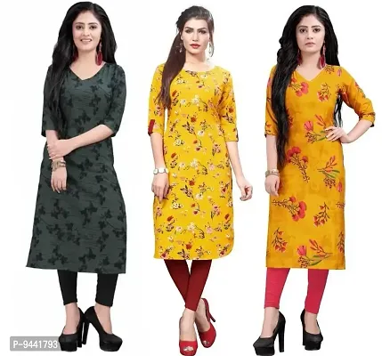 LAXMI Textile Crepe Kurti for Women's - Stylish Printed Straight Kurti for Girl's, Long Kurti with 3/4 Long Sleeves, Trendy Kurtis for Daily, Office, Regular Wear for Ladies (Combo of 3)