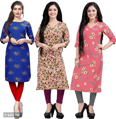 LAXMI Textile Crepe Kurti for Women's - Stylish Printed Straight Kurti for Girl's, Long Kurti with 3/4 Long Sleeves, Trendy Kurtis for Daily, Office, Regular Wear for Ladies (Combo of 3)