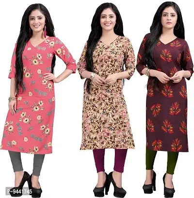 LAXMI Textile Crepe Kurti for Women's - Stylish Printed Straight Kurti for Girl's, Long Kurti with 3/4 Long Sleeves, Trendy Kurtis for Daily, Office, Regular Wear for Ladies (Combo of 3)