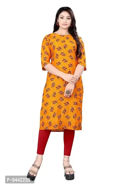 HIRLAX Fancy Kurtis for Women - Printed Straight Crepe Kurti, Long Kurtis for Women, Kurtis for Daily, Office, Routine Wear for Girls, Ethnic wear for Women, Yellow Colour-thumb0