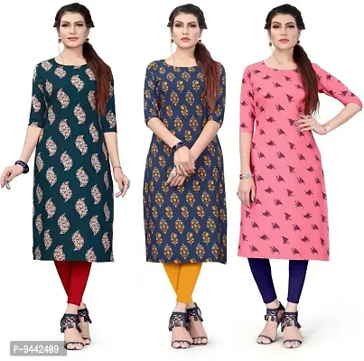 HIRLAX Kurtis for Women - Fancy Crepe Beautiful Printed Design Long Straight Combo of 3 Kurti for Girls, Perfect for Office, Casual, Festival Wear for Ladies(3 Combo)