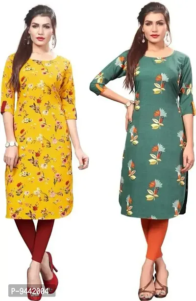 LAXMI Textile Crepe Kurti for Women's - Stylish Printed Straight Kurti for Girl's, Long Kurti with 3/4 Long Sleeves, Trendy Kurtis for Daily, Office, Regular Wear for Ladies (Combo of 2)