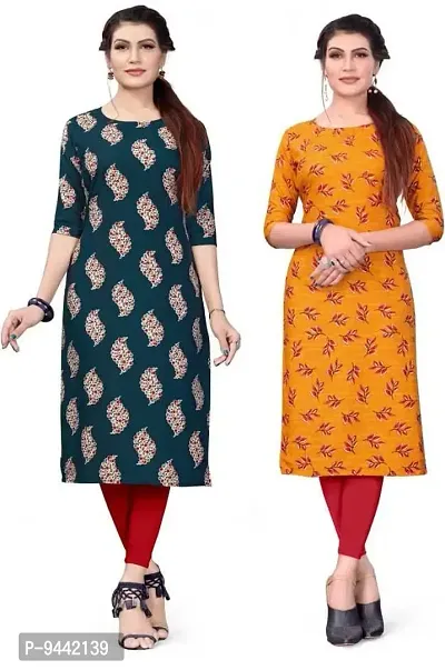 Hirlax Crepe 2 Combo Kurti for Women - Stylish Printed Straight Kurti for Girls, Long Kurti with 3/4 Long Sleeves, Trendy Kurtis for Daily, Regular for Ladies