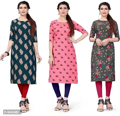 HIRLAX Kurtis for Women - Fancy Crepe Beautiful Printed Design Long Straight Combo of 3 Kurti for Girls, Perfect for Office, Casual, Festival Wear for Ladies(3 Combo)