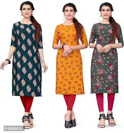 HIRLAX Kurtis for Women - Fancy Crepe Beautiful Printed Design Long Straight Combo of 3 Kurti for Girls, Perfect for Office, Casual, Festival Wear for Ladies(3 Combo)