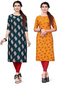 Hirlax Crepe 2 Combo Kurti for Women - Stylish Printed Straight Kurti for Girls, Long Kurti with 3/4 Long Sleeves, Trendy Kurtis for Daily, Regular for Ladies-thumb1