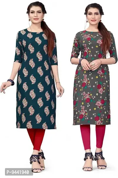 Hirlax Crepe 2 Combo Kurti for Women - Stylish Printed Straight Kurti for Girls, Long Kurti with 3/4 Long Sleeves, Trendy Kurtis for Daily, Regular for Ladies-thumb2