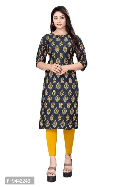 HIRLAX Kurti for Women - Casual Printed Straight Kurti for Girls, Long Kurti for Girls, Fancy Kurtis for Daily, Office, Regular Wear for Ladies, Navy Blue with Yellow Colour