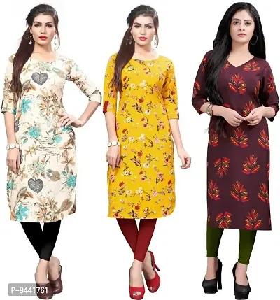 LAXMI Textile Crepe Kurti for Women's - Stylish Printed Straight Kurti for Girl's, Long Kurti with 3/4 Long Sleeves, Trendy Kurtis for Daily, Office, Regular Wear for Ladies (Combo of 3)