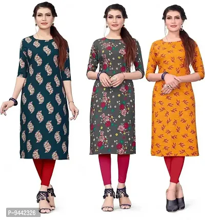 HIRLAX Kurtis for Women - Fancy Crepe Beautiful Printed Design Long Straight Combo of 3 Kurti for Girls, Perfect for Office, Casual, Festival Wear for Ladies(3 Combo)