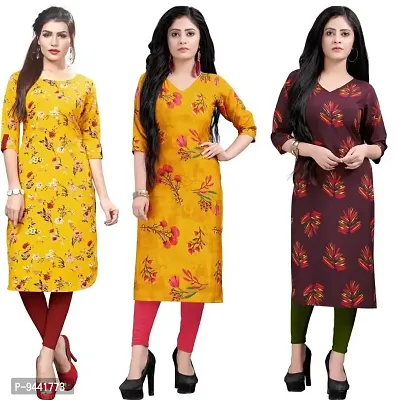 LAXMI Textile Crepe Kurti for Women's - Stylish Printed Straight Kurti for Girl's, Long Kurti with 3/4 Long Sleeves, Trendy Kurtis for Daily, Office, Regular Wear for Ladies (Combo of 3)