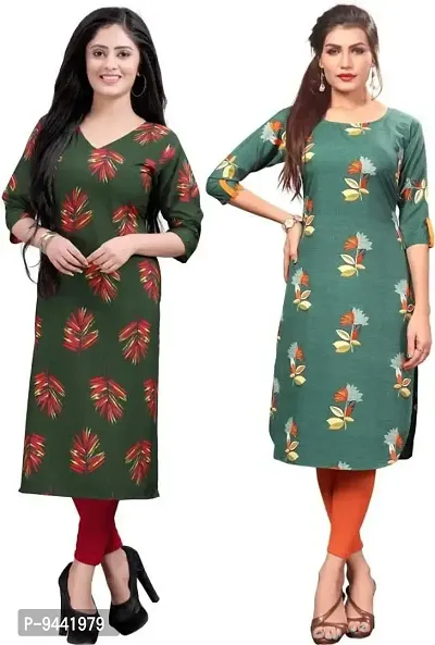 LAXMI Textile Crepe Kurti for Women's - Stylish Printed Straight Kurti for Girl's, Long Kurti with 3/4 Long Sleeves, Trendy Kurtis for Daily, Office, Regular Wear for Ladies (Combo of 2)