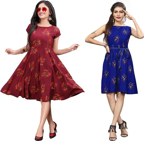 LAXMI Textile Crepe Printed Short Western Dress for Women's - Knee-Length with Round Neck Stylish Dress for Ceremony, Casual, Evening and Any Formal Function Wear for Girl's