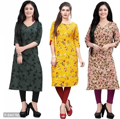 LAXMI Textile Crepe Kurti for Women's - Stylish Printed Straight Kurti for Girl's, Long Kurti with 3/4 Long Sleeves, Trendy Kurtis for Daily, Office, Regular Wear for Ladies (Combo of 3)