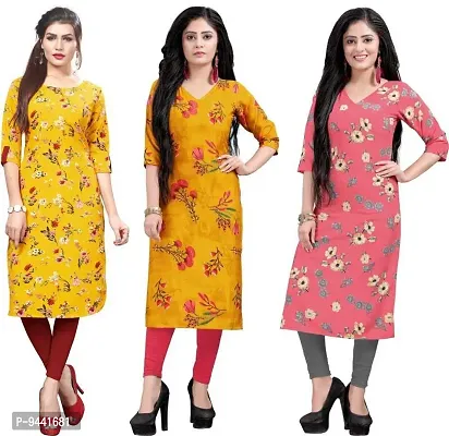 LAXMI Textile Crepe Kurti for Women's - Stylish Printed Straight Kurti for Girl's, Long Kurti with 3/4 Long Sleeves, Trendy Kurtis for Daily, Office, Regular Wear for Ladies (Combo of 3)-thumb0