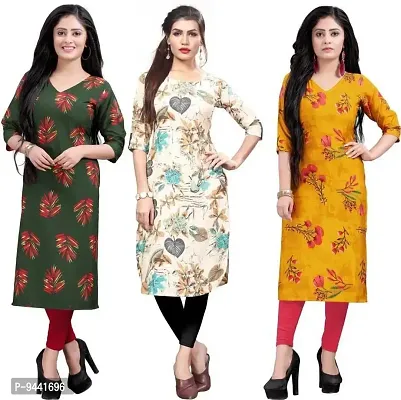 LAXMI Textile Crepe Kurti for Women's - Stylish Printed Straight Kurti for Girl's, Long Kurti with 3/4 Long Sleeves, Trendy Kurtis for Daily, Office, Regular Wear for Ladies (Combo of 3)-thumb0