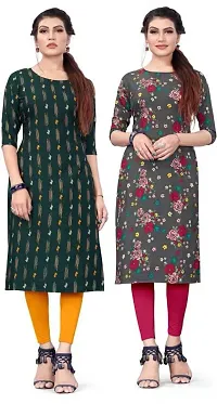 Hirlax Crepe 2 Combo Kurti for Women - Stylish Printed Straight Kurti for Girls, Long Kurti with 3/4 Long Sleeves, Trendy Kurtis for Daily, Regular for Ladies-thumb1