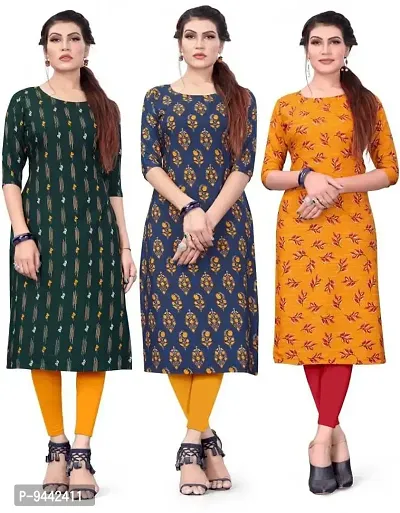 HIRLAX Kurtis for Women - Fancy Crepe Beautiful Printed Design Long Straight Combo of 3 Kurti for Girls, Perfect for Office, Casual, Festival Wear for Ladies(3 Combo)