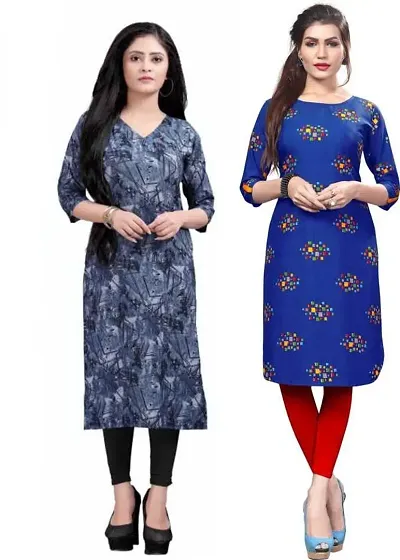 LAXMI Textile Crepe Kurti for Womens - Stylish Printed Straight Kurti for Girls, Long Kurti with 3/4 Long Sleeves, Trendy Kurtis for Daily, Office, Regular Wear for Ladies (Combo of 2)