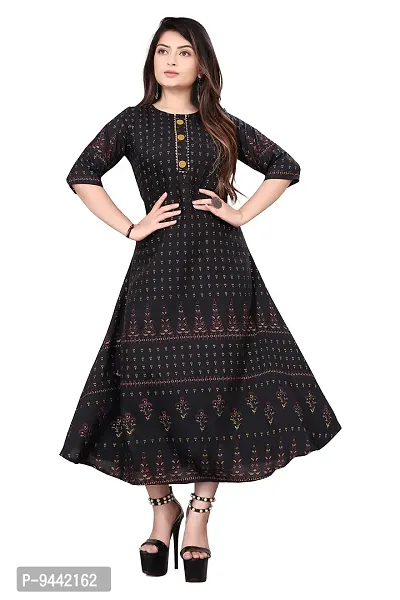 HIRLAX Kurtis for Women - Fancy Rayon Printed Long A - Line Anarkali Stitched Black Kurti for Girls, Suitable for Casual, Festival, Office Wear for Ladies