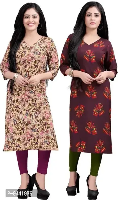 LAXMI Textile Crepe Kurti for Women's - Stylish Printed Straight Kurti for Girl's, Long Kurti with 3/4 Long Sleeves, Trendy Kurtis for Daily, Office, Regular Wear for Ladies (Combo of 2)