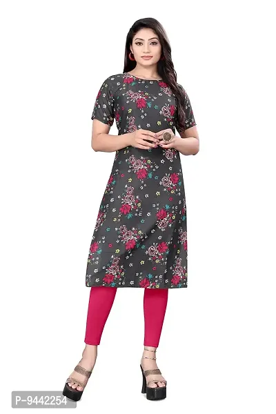 HIRLAX Kurtis for Women, Crepe Kurtis for Women, Long Printed Indian Kurtis for Women, Casual Office Home Wear Ladies Kurti, Summer Choice, Fancy Grey with Pink Kurta for Girls