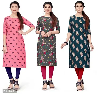 HIRLAX Kurtis for Women - Fancy Crepe Beautiful Printed Design Long Straight Combo of 3 Kurti for Girls, Perfect for Office, Casual, Festival Wear for Ladies(3 Combo)