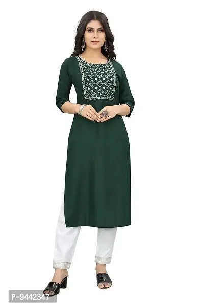 HIRLAX Kurti Pant Set for Women - Rayon Cotton Long Straight Embroidered Work Stitched Kurta with White Pant Set for Festival, Regular, Office Wear for Girls-thumb0