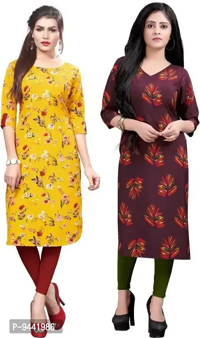 LAXMI Textile Crepe Kurti for Women's - Stylish Printed Straight Kurti for Girl's, Long Kurti with 3/4 Long Sleeves, Trendy Kurtis for Daily, Office, Regular Wear for Ladies (Combo of 2)