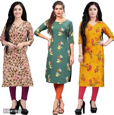 LAXMI Textile Crepe Kurti for Women's - Stylish Printed Straight Kurti for Girl's, Long Kurti with 3/4 Long Sleeves, Trendy Kurtis for Daily, Office, Regular Wear for Ladies (Combo of 3)