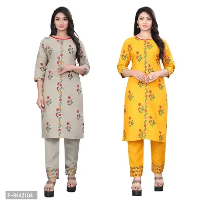 HIRLAX Kurta Pant Set Women - Cotton Pritned Long Straight Kurti with Pant Pair for Girls, Top Bottom Set Suitable for Casual, Festival, Function Wear for Ladies(2 Combo)