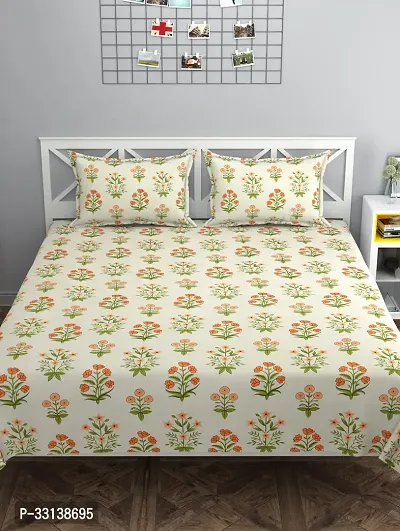 Classy White Printed Double Bedsheet With Two Pillow Covers-thumb0