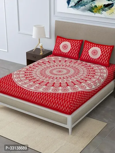 Classy Red Color Pure Cotton Jaipuri Traditonal Double Bedsheet With 2 Pillow Cover-thumb0