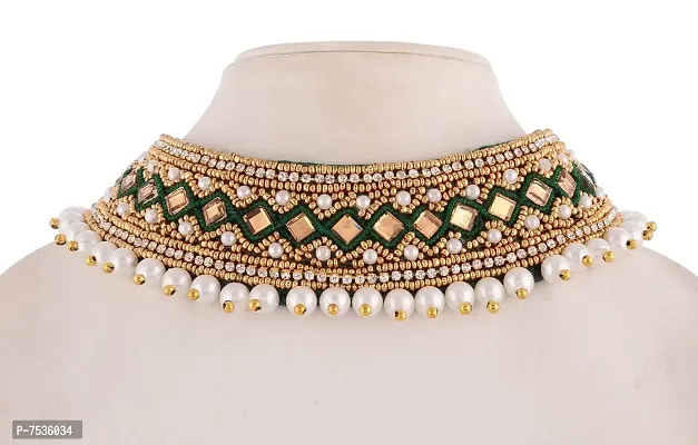 THANU'S CRAFT Kora Maggam Work Kapada Cloth Collar Neck Choker necklace Crystal Stone Green Heavy Necklace Set for Women-thumb2