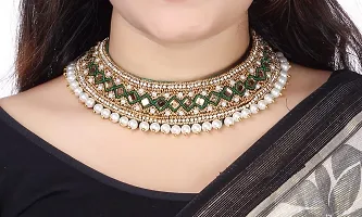 THANU'S CRAFT Kora Maggam Work Kapada Cloth Collar Neck Choker necklace Crystal Stone Green Heavy Necklace Set for Women-thumb3