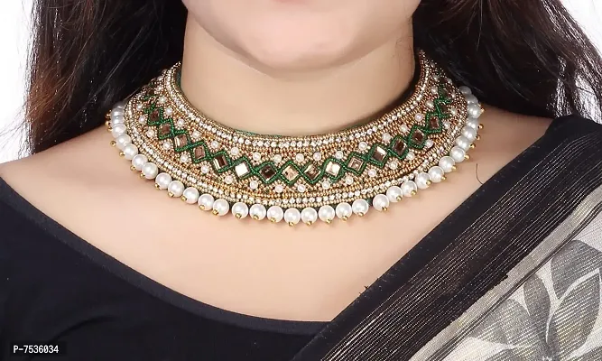 THANU'S CRAFT Kora Maggam Work Kapada Cloth Collar Neck Choker necklace Crystal Stone Green Heavy Necklace Set for Women-thumb4