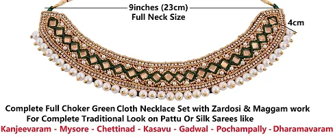 THANU'S CRAFT Kora Maggam Work Kapada Cloth Collar Neck Choker necklace Crystal Stone Green Heavy Necklace Set for Women-thumb4