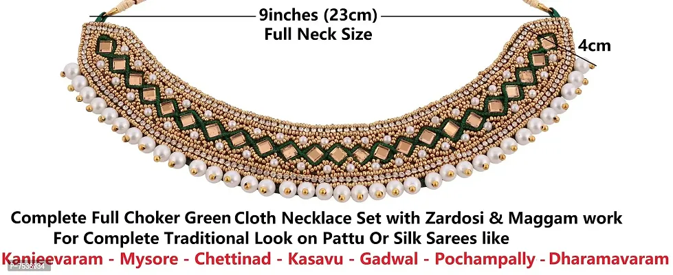 THANU'S CRAFT Kora Maggam Work Kapada Cloth Collar Neck Choker necklace Crystal Stone Green Heavy Necklace Set for Women-thumb5