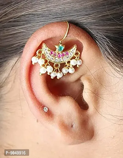 Stylish Half Moon Chand Shape Maharashtrian Traditional Press on Bugadi Upper Ear Clip on Gold Plated Earrings for Women and Girls-thumb2