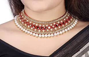 Stylish Traditional Zardosi Embroidery Maggam Lace Work Cloth Choker Necklace Crystal Red Necklace Set For Women And Girls-thumb1