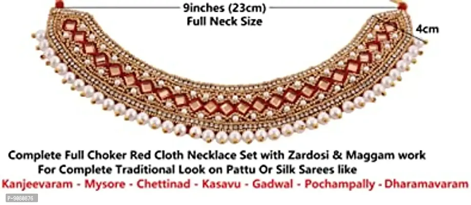 Stylish Traditional Zardosi Embroidery Maggam Lace Work Cloth Choker Necklace Crystal Red Necklace Set For Women And Girls-thumb3