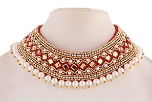 Stylish Traditional Zardosi Embroidery Maggam Lace Work Cloth Choker Necklace Crystal Red Necklace Set For Women And Girls-thumb3