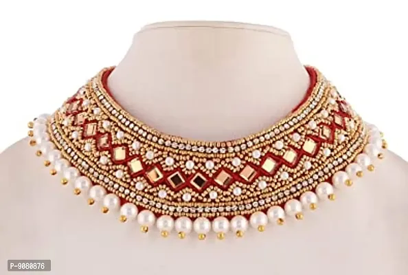 Stylish Traditional Zardosi Embroidery Maggam Lace Work Cloth Choker Necklace Crystal Red Necklace Set For Women And Girls-thumb4