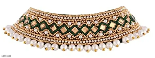 Stylish Green Embroidery Maggam Work Cloth Jewellery Pearl Choker Necklace Set For Women Half Saree And Kurtis-thumb0