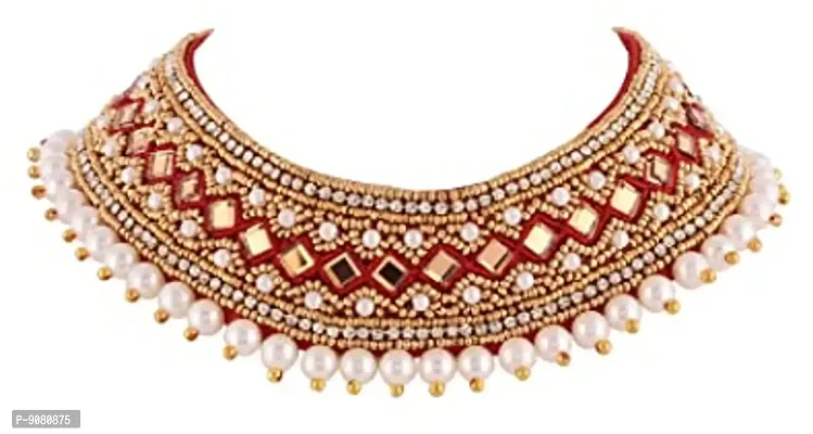 Stylish Red Zardosi Embroidery Thread Work Kapada Cloth Necklace Jewellery Collar Neck Choker Set For Girls And Women