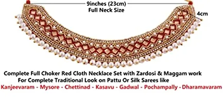 Stylish Red Zardosi Embroidery Thread Work Kapada Cloth Necklace Jewellery Collar Neck Choker Set For Girls And Women-thumb1