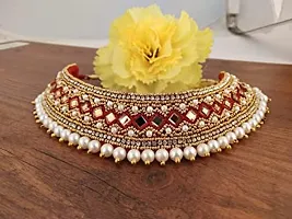 Stylish Red Zardosi Embroidery Thread Work Kapada Cloth Necklace Jewellery Collar Neck Choker Set For Girls And Women-thumb2