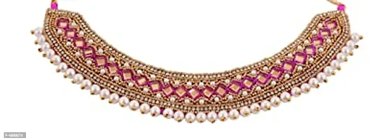 Stylish Full Aari Lace Thread Work Cloth Handmade Embroidery Traditional Pink Choker Necklace Set For Girls And Women