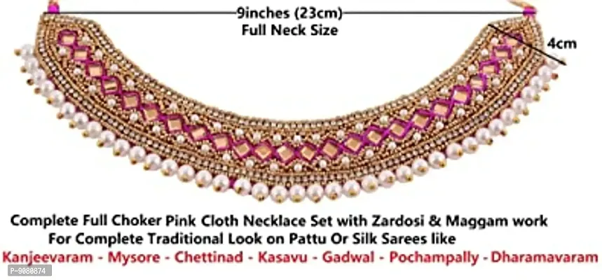 Stylish Full Aari Lace Thread Work Cloth Handmade Embroidery Traditional Pink Choker Necklace Set For Girls And Women-thumb2