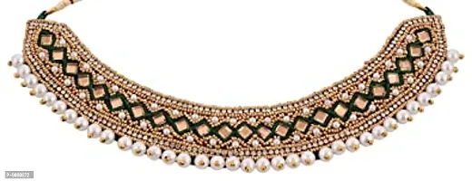 Stylish Kora Maggam Work Kapada Cloth Collar Neck Choker Necklace Crystal Stone Green Heavy Necklace Set For Women-thumb0